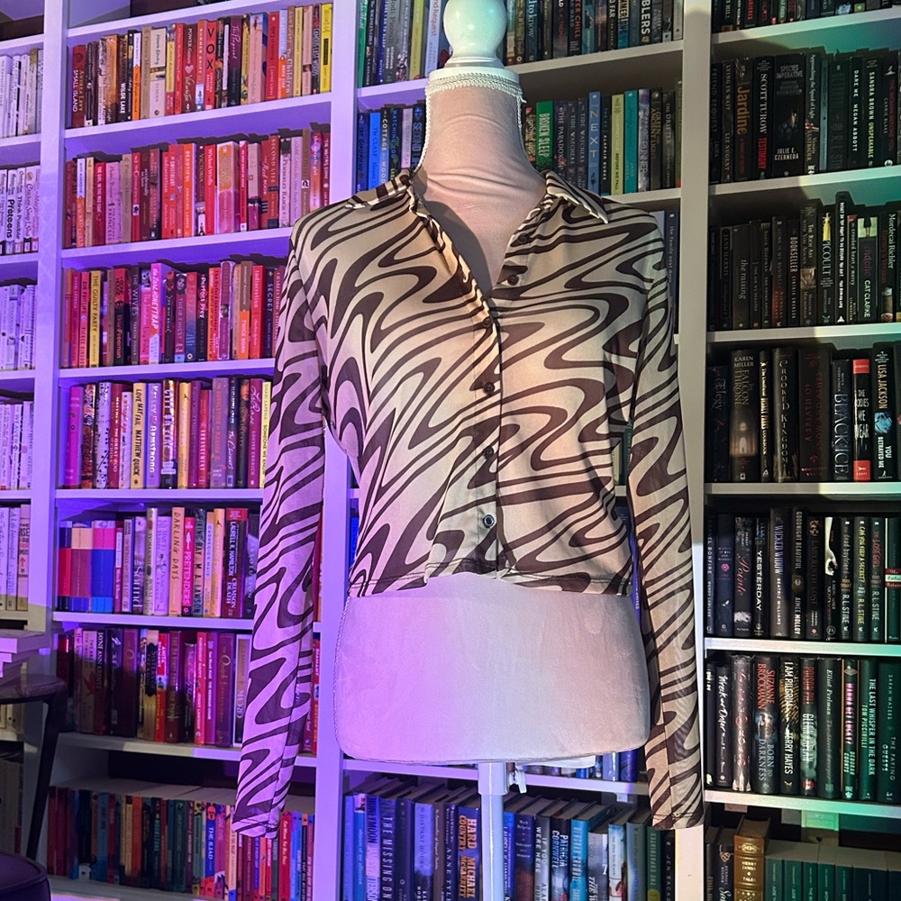 Light + dark brown zebra print see-through mesh trippy button up collared shirt